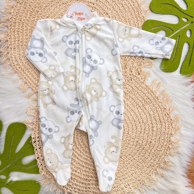 Macacão em Soft com Abertura em Zíper Ursinhos - Off White